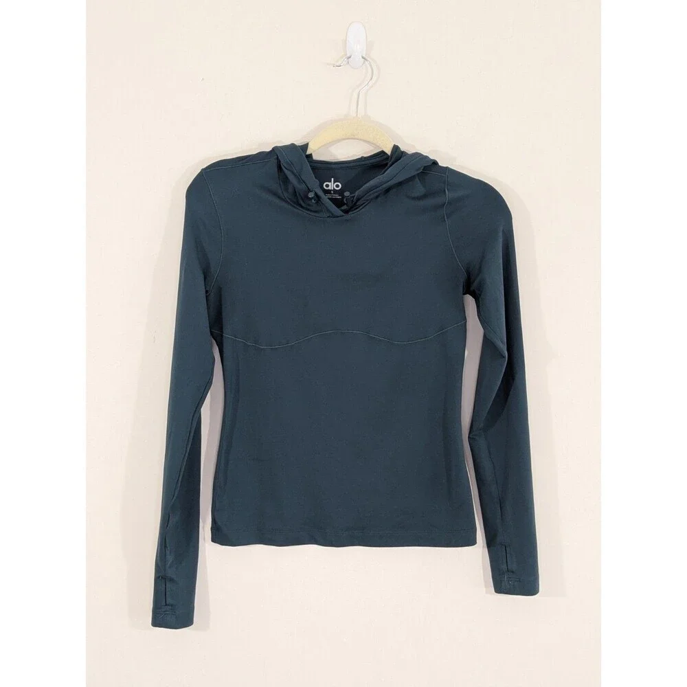 Alo Yoga Alosoft Hooded Runner Long Sleeve Top Green Size Small Gym Workout